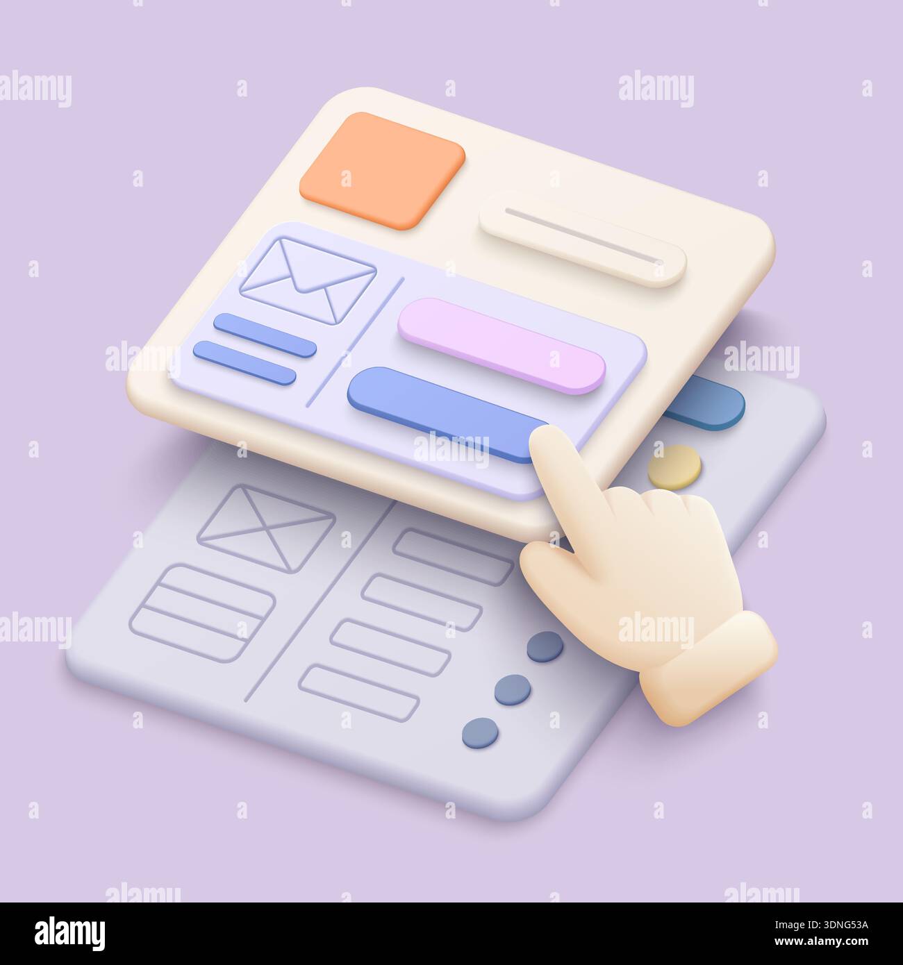 3d cartoon hand tapping layered interface cards, pastel dashboard ...