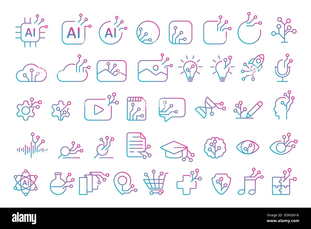Modern generative AI icons with gradient lines, featuring symbols for ...