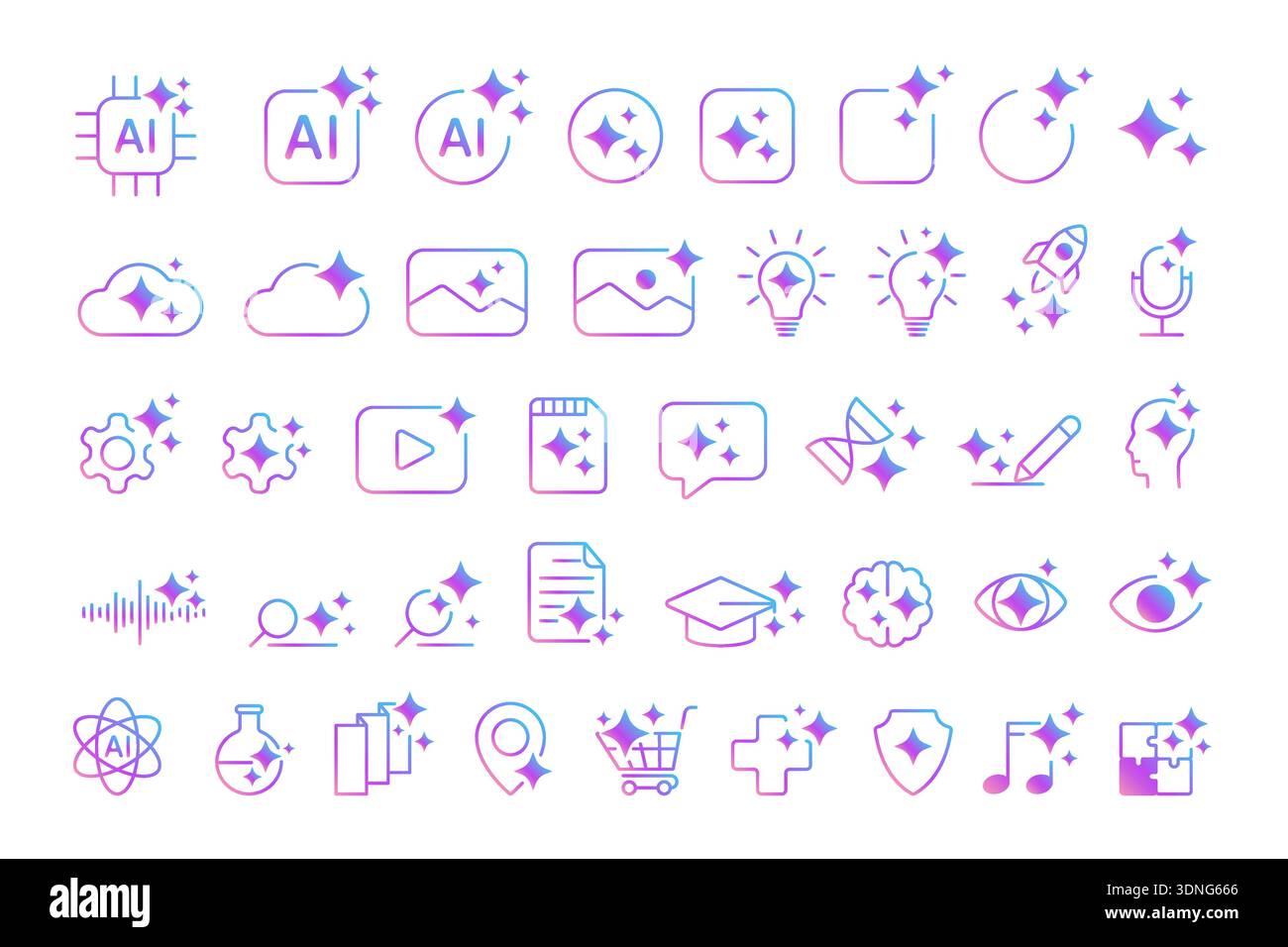 Modern generative AI icon set with gradient line style, featuring ...