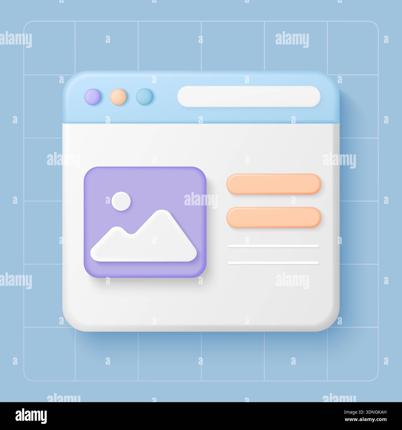 Modern 3d UI web browser window with image placeholder and buttons ...