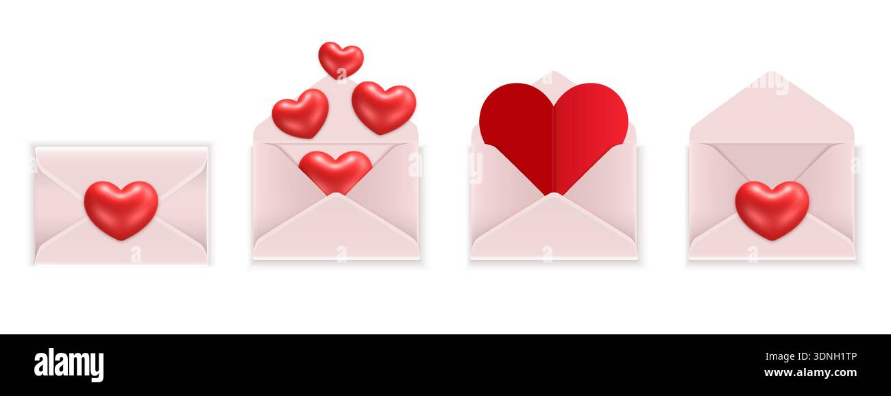 Featuring envelopes with 3D cartoon-style hearts. Stock Vector