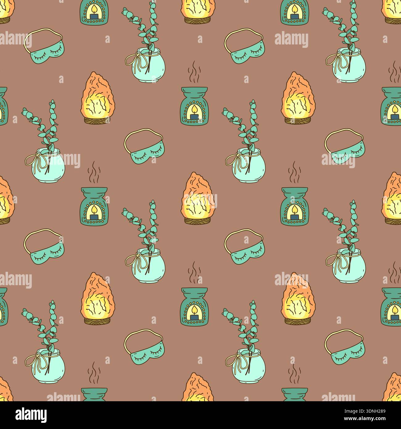 Cozy spa items seamless pattern. Hand drawn aromatherapy repeat background Stock Vector