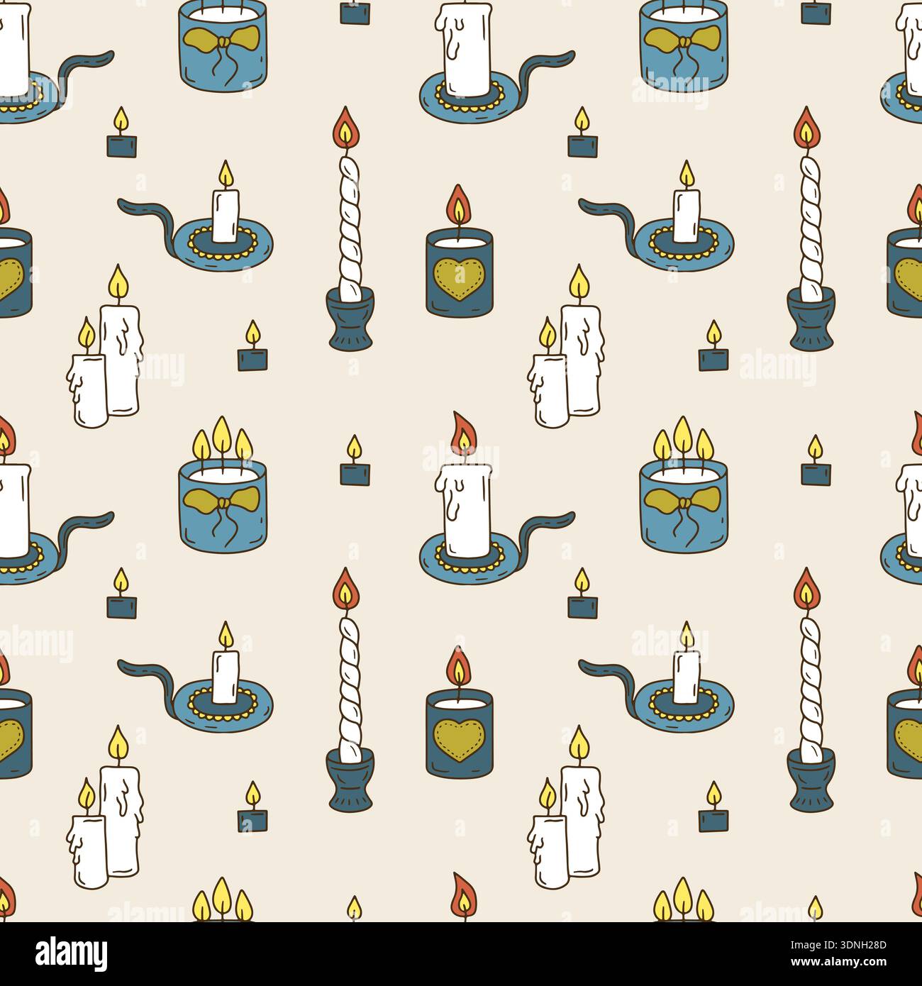 Wax candles seamless pattern. Hand drawn line art lanterns repeat background Stock Vector