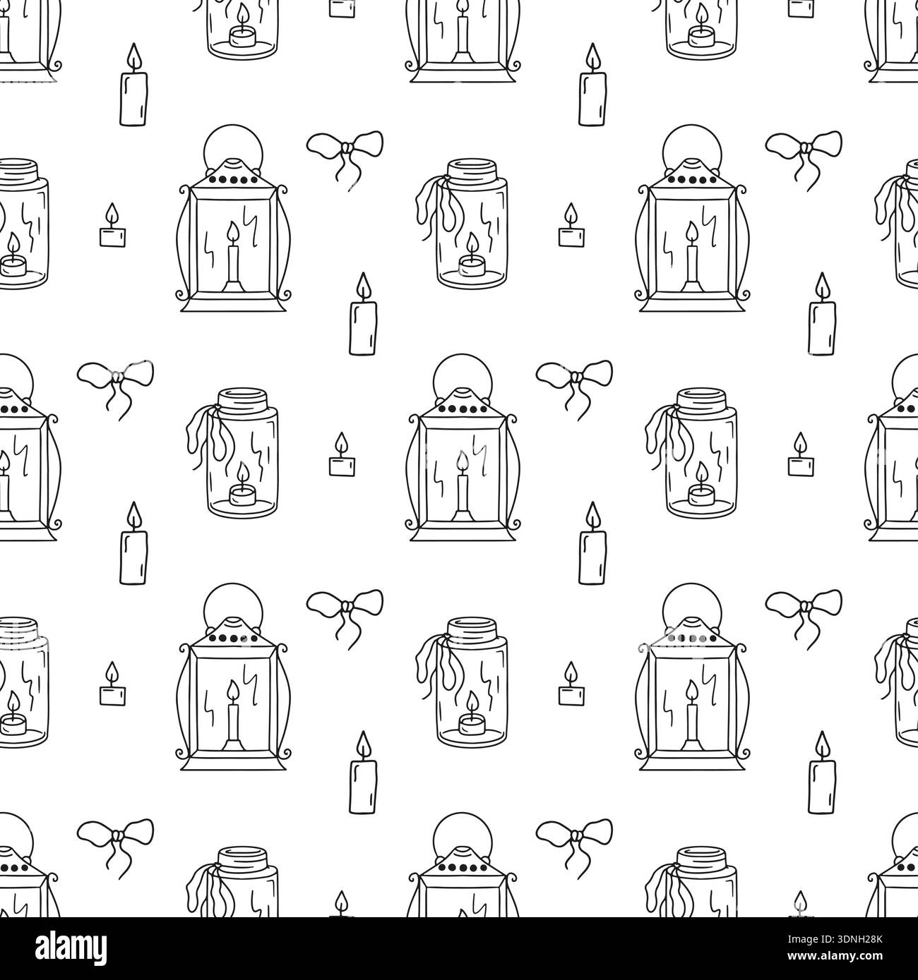 Wax candles seamless pattern. Hand drawn line art lanterns repeat background Stock Vector