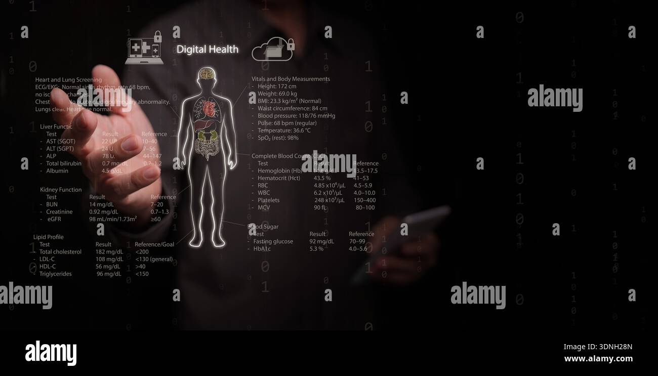 Digital health technology concept. A man checking human body interface ...
