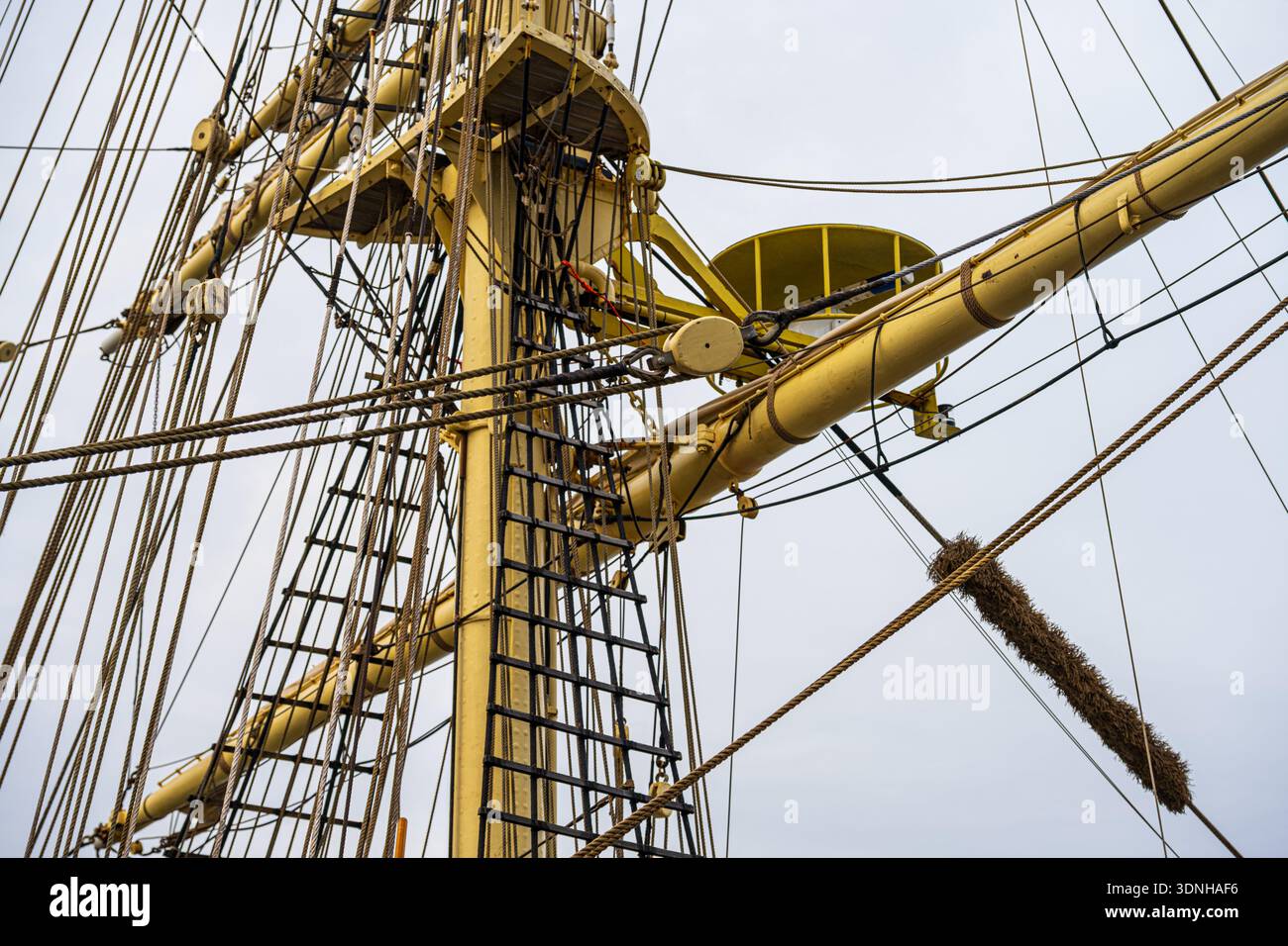 Complex mast rigging with crows nest and sail equipment Stock Photo - Alamy