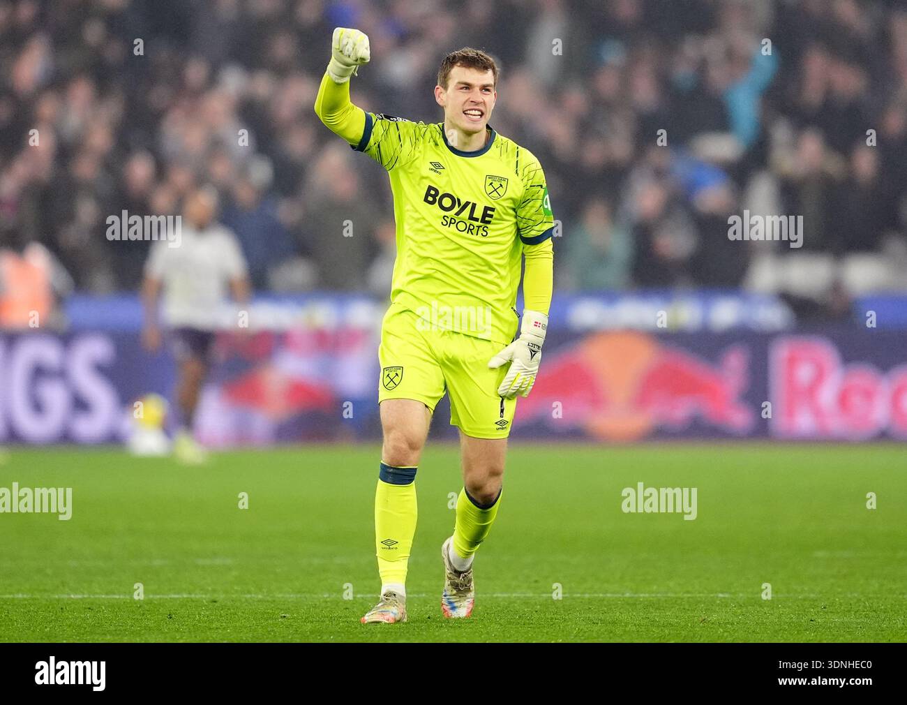 West Ham United goalkeeper Mads Hermansen celebrates their side's first ...