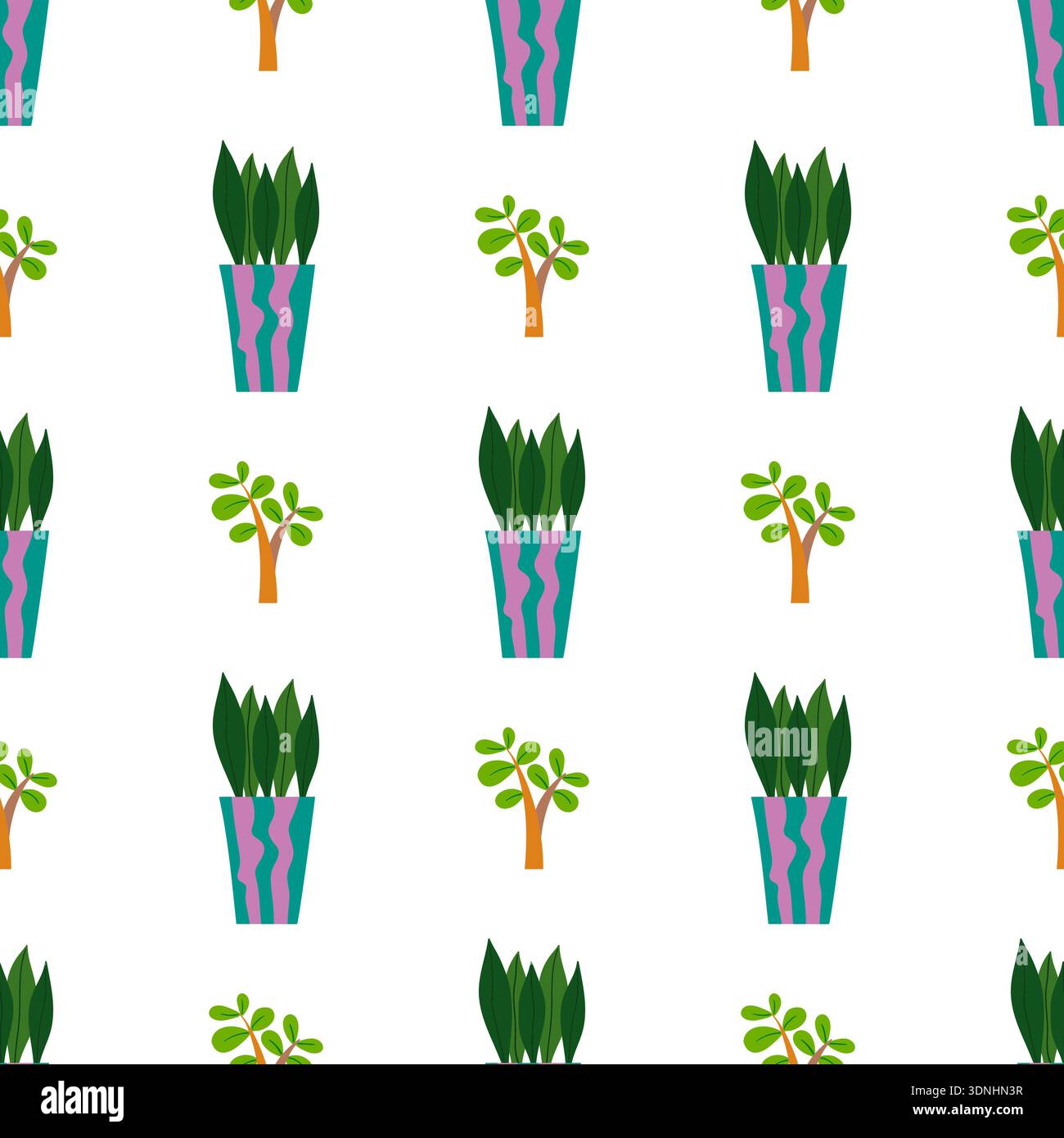 Seamless pattern. Flat cacti houseplant background. Cactus fabric pattern, cute pots with faces Stock Vector