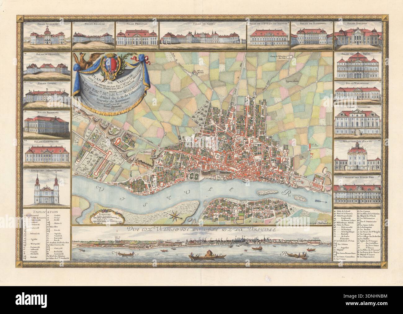 Pictorial Street Map of Warsaw, 1772 featuring architecture of