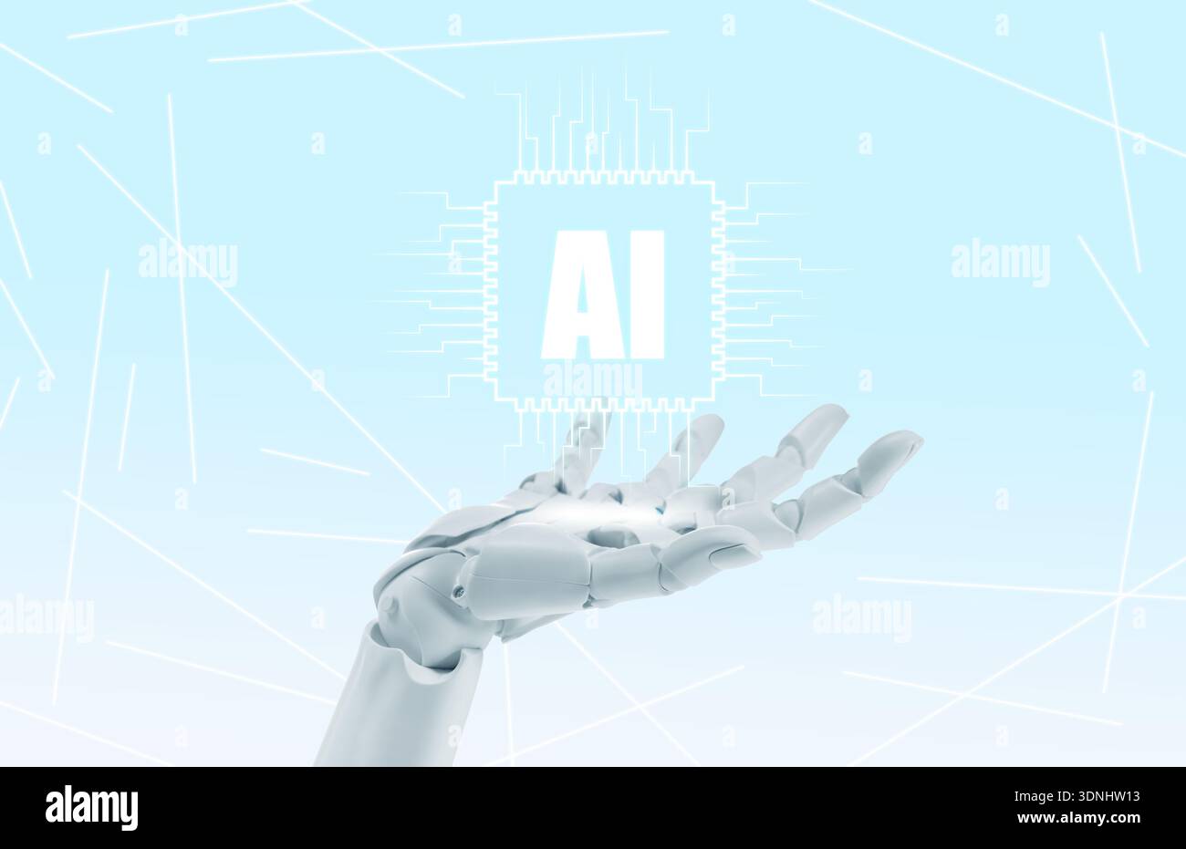 Robotic hand holding virtual AI microchip against light blue gradient background. Artificial intelligence technology Stock Photo