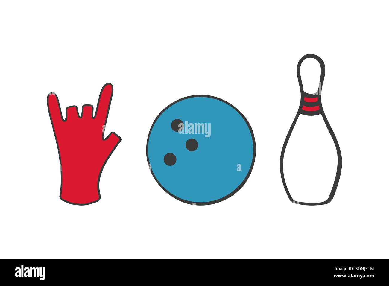 Bowling set red glove, blue ball and white pin. Hand drawn simple outline doodle. Isolated on white background. Vector illustration Stock Vector