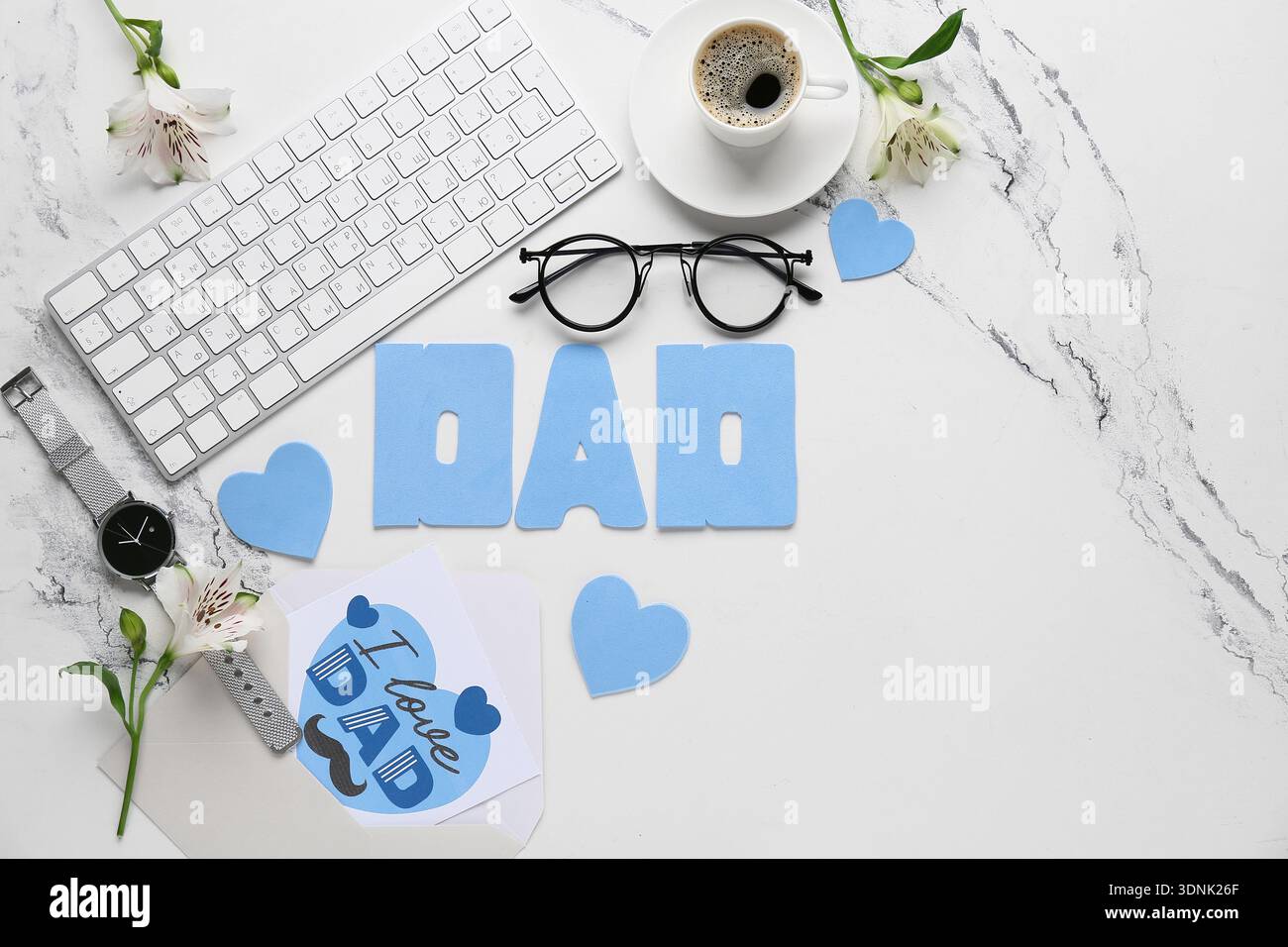 Word DAD with postcard, keyboard and cup of coffee for Father's Day on white grunge background Stock Photo