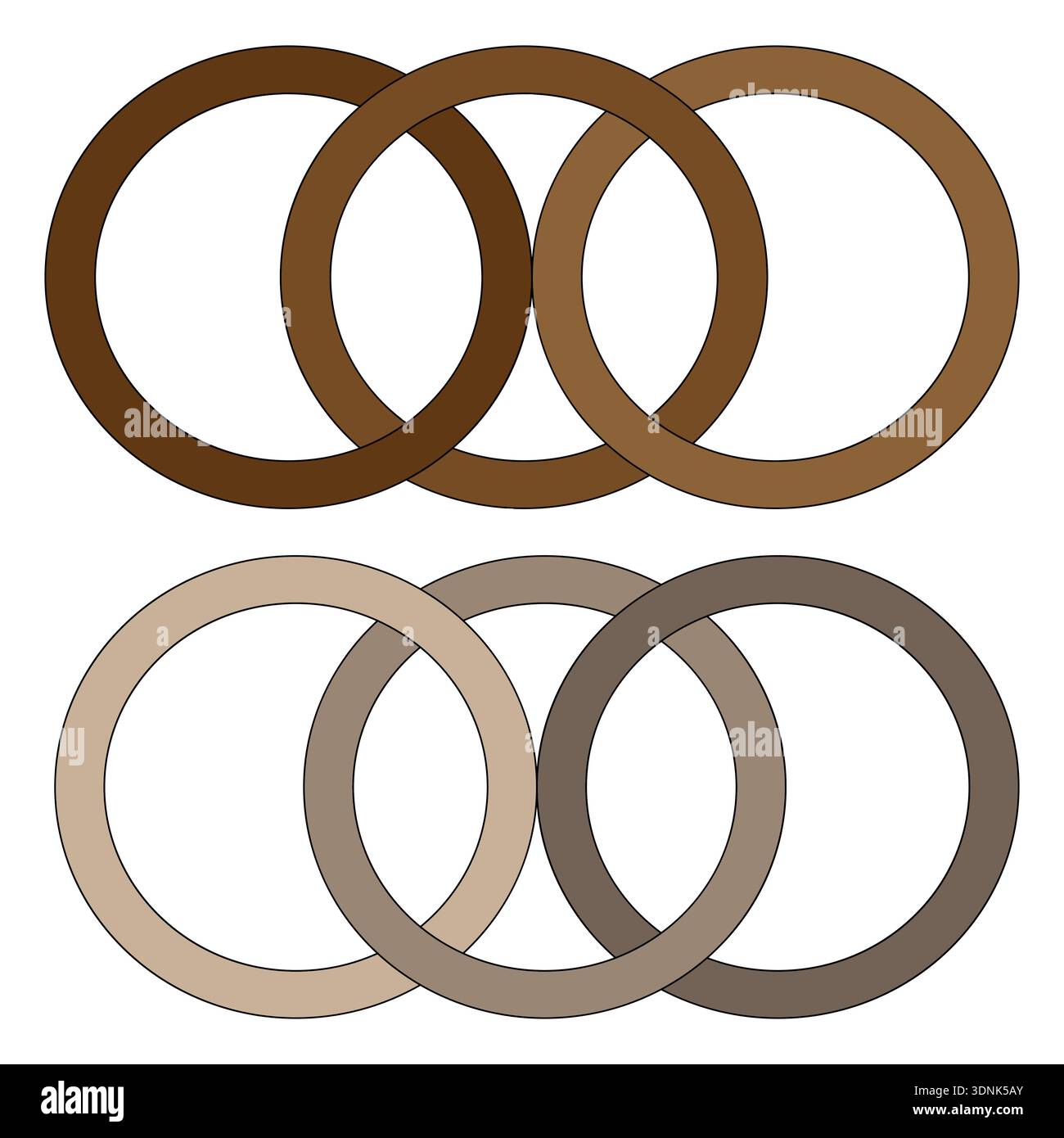Three circle rings. Intertwined chain Vector. Brown color palette. Unity connection element. Stock Vector