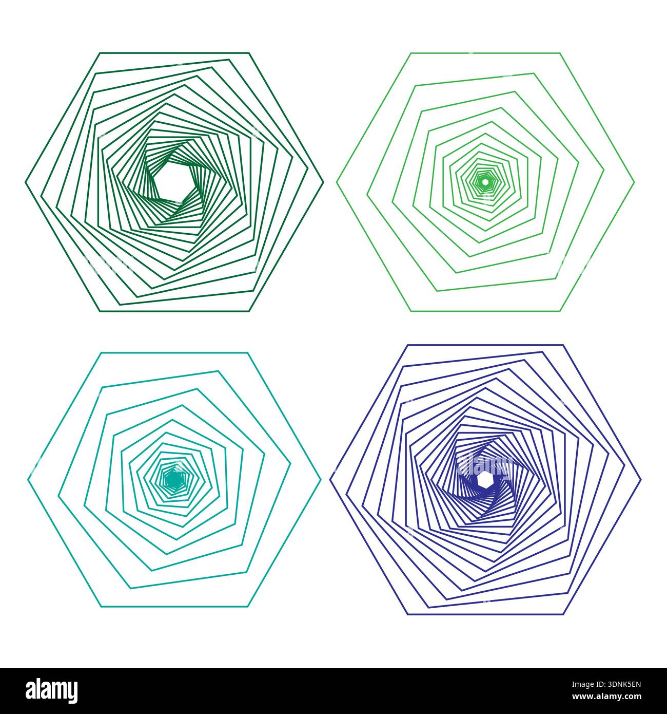 Hypnotic hexagon patterns. Tunnel line Vector art. Six sided spirals. Abstract geometric shapes. Stock Vector
