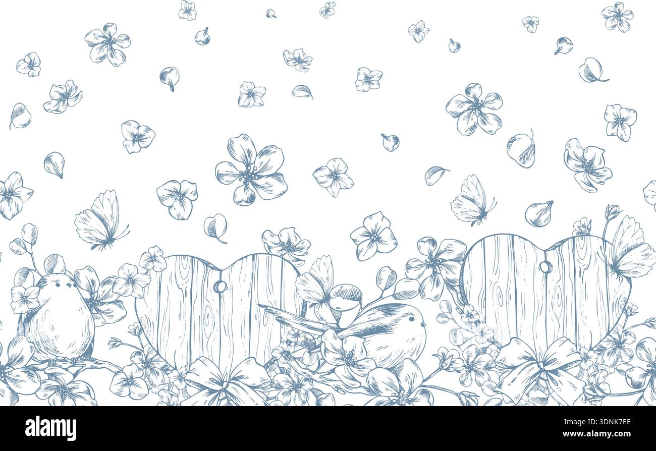 Wooden heart, apple blossom, and birds with butterflies. Hand-drawn ink graphic illustration, monochrome line art style. Seamless border pattern for Stock Vector