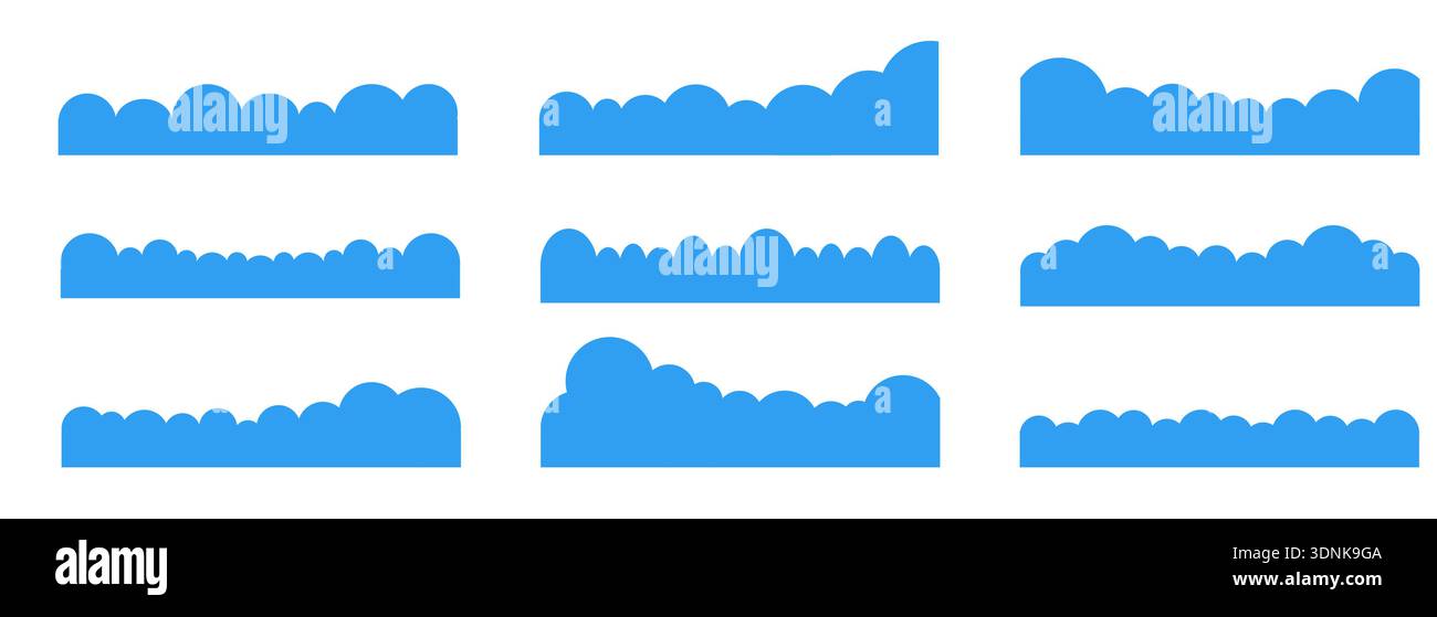 Simple clouds divider web site separator set. Fluffy curve edge header section. Blue border for banner, frame bottom, template. Vector illustration Stock Vector