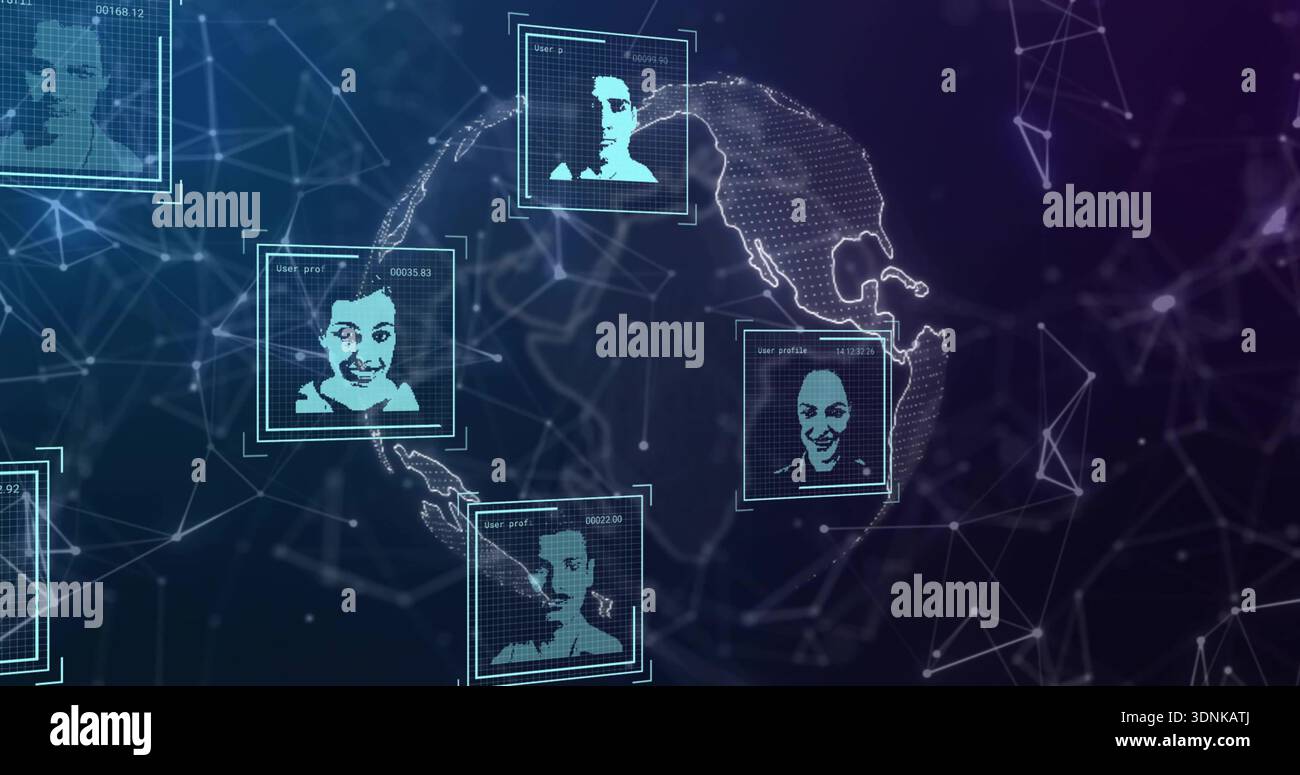 Displaying dotted 3D globe and translucent profile tiles floating in data dashboard, showing nodes Stock Photo