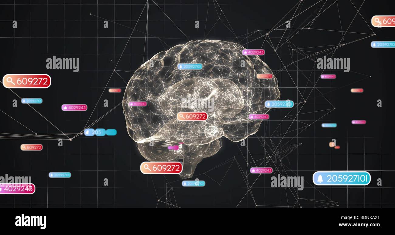 Floating 3D translucent wireframe brain model pulsing with glowing nodes on grid, with neon tags Stock Photo