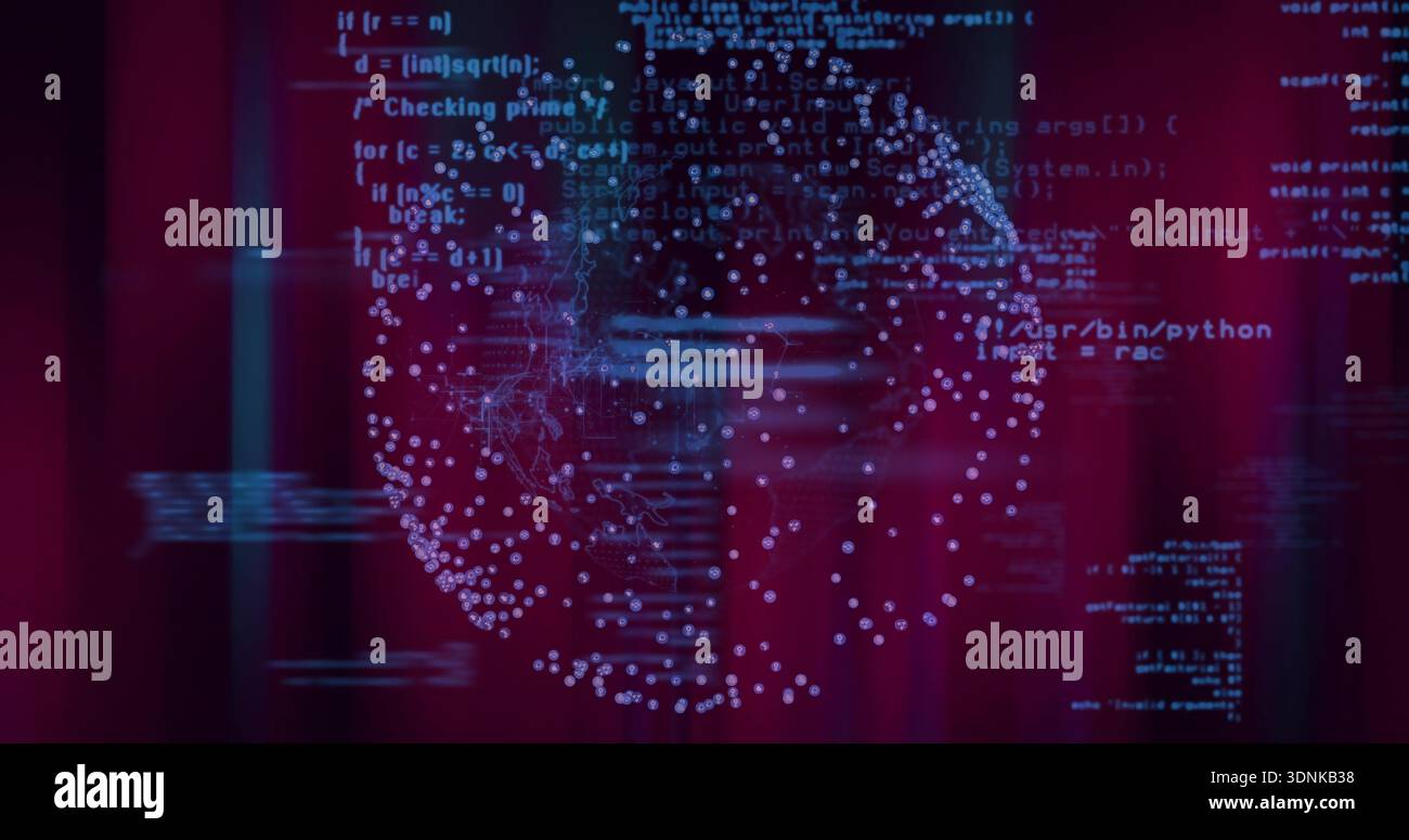 Rotating translucent sphere pulsing with glowing nodes and lines in dark studio, with floating code Stock Photo