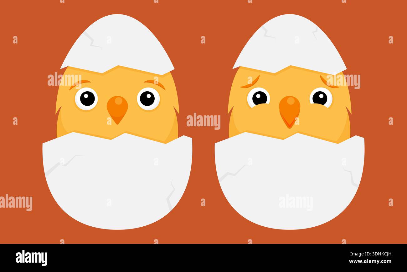 Cute baby chicks hatching from eggshells Easter vector illustration Stock Vector