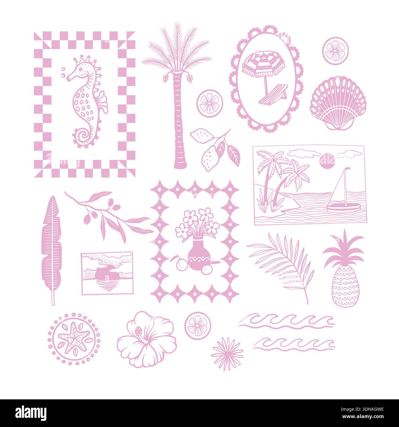 Tropical mediterranean elements with coastal frames botanical summer line art Stock Vector