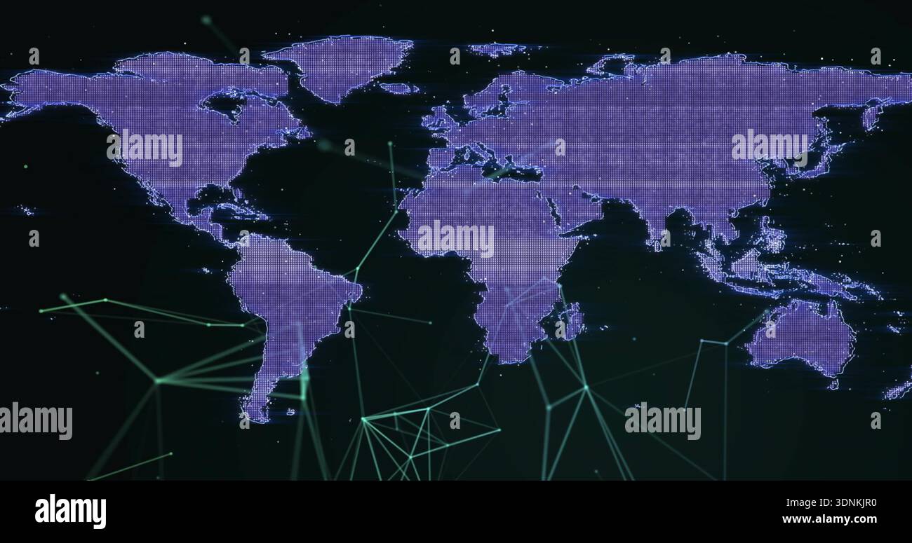 Displaying purple dotted world map on dark GUI, showing teal nodes, lines, wireframes, scanlines Stock Photo