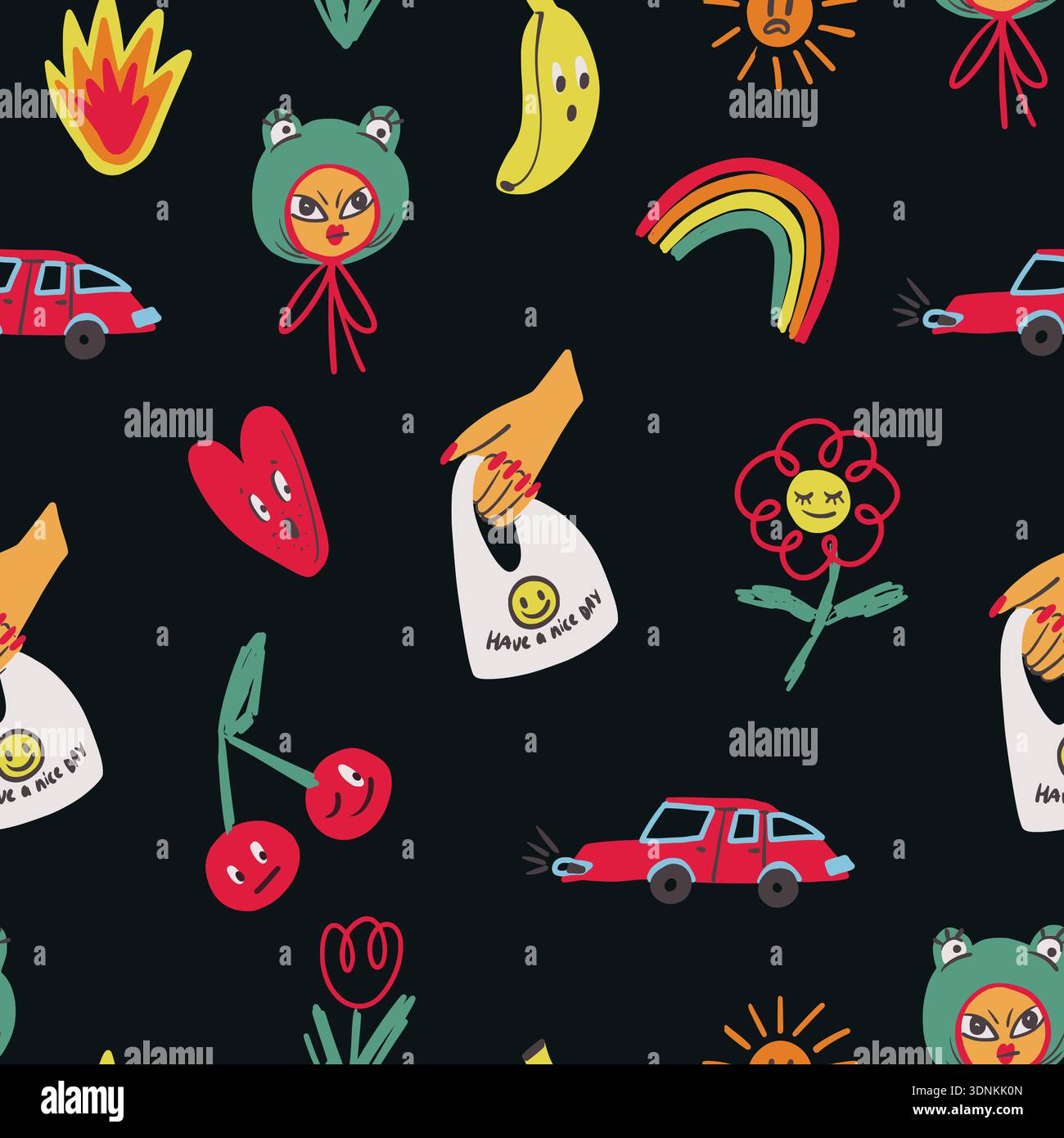 Colorful crazy doodle seamless pattern with funny characters objects symbols playful vector Stock Vector