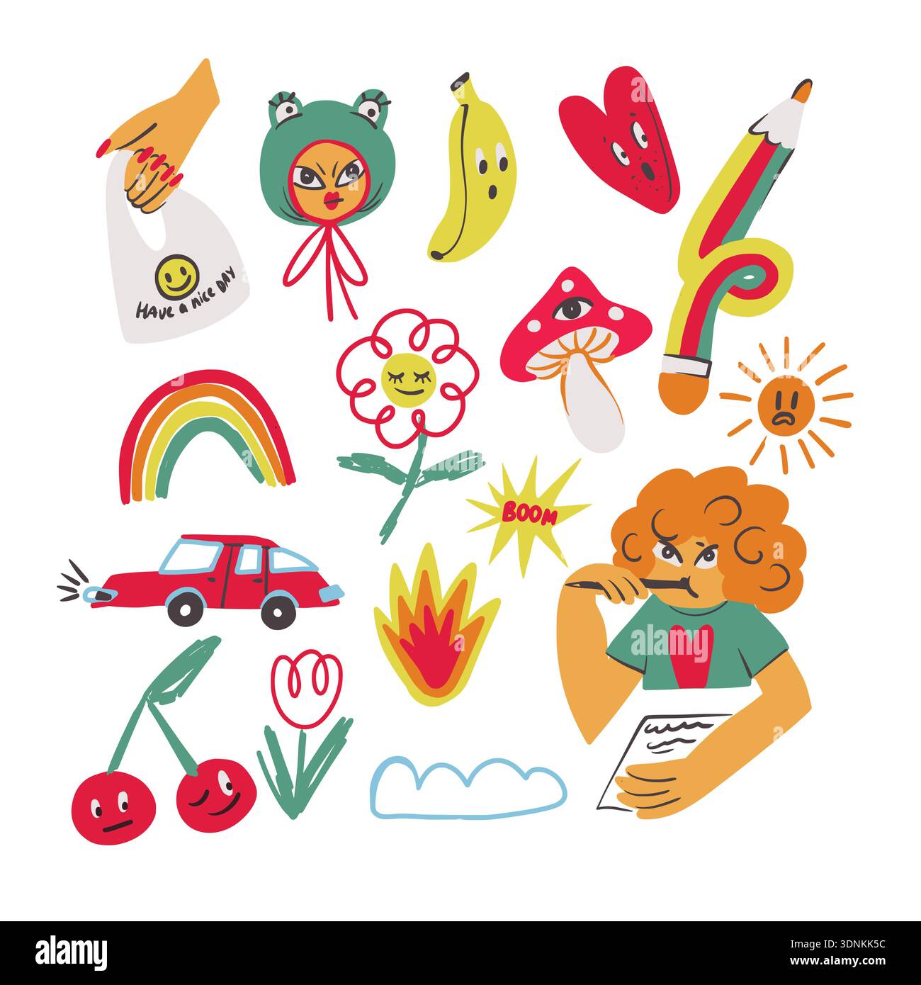 Colorful crazy doodle with funny characters objects symbols playful vector Stock Vector