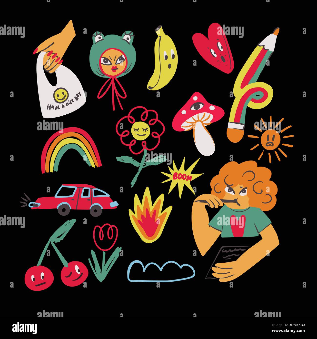 Colorful crazy doodle with funny characters objects symbols playful vector Stock Vector
