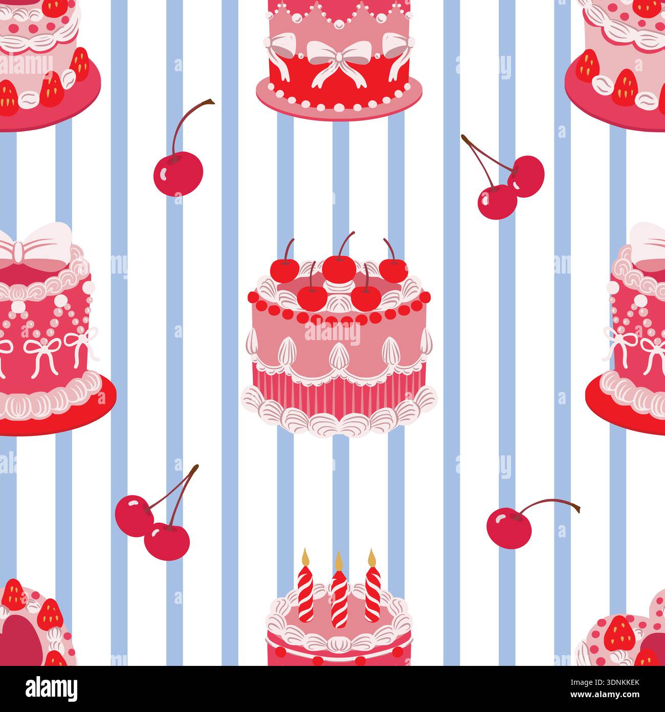 Seamless cake pattern with cherries hearts bow decorations isolated vector dessert illustration Stock Vector
