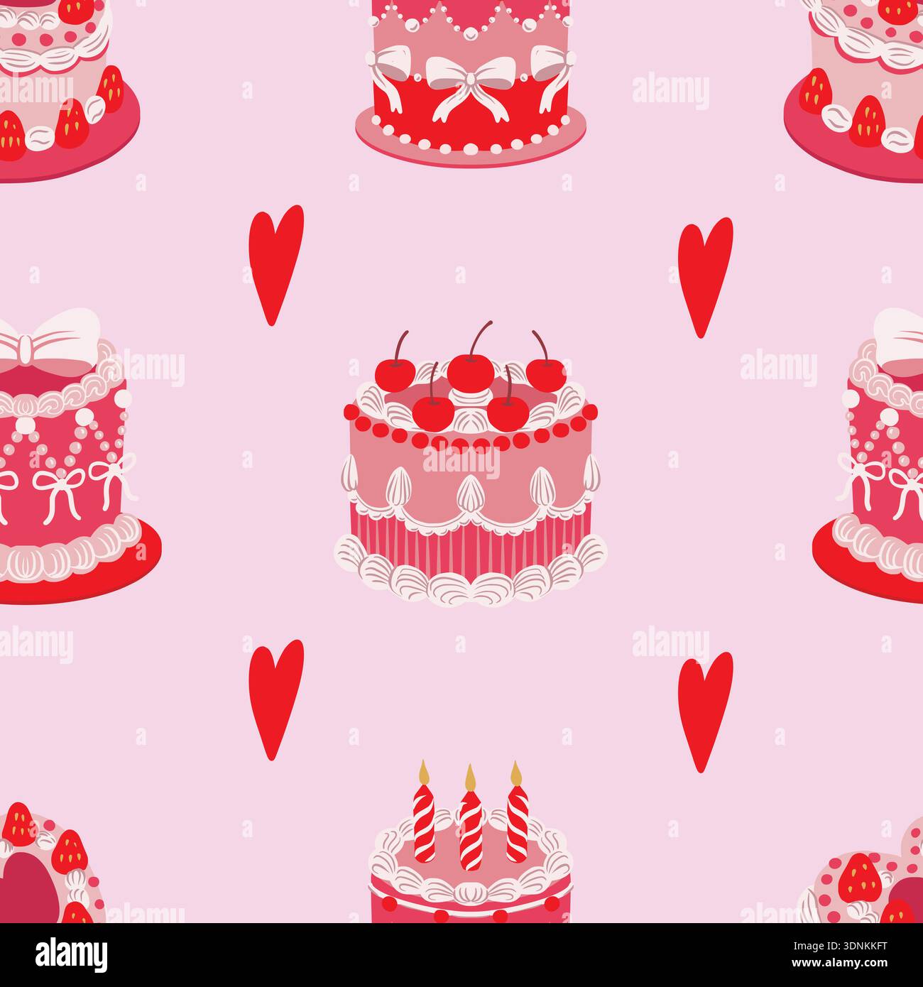 Seamless cake pattern with cherries hearts bow decorations isolated vector dessert illustration Stock Vector