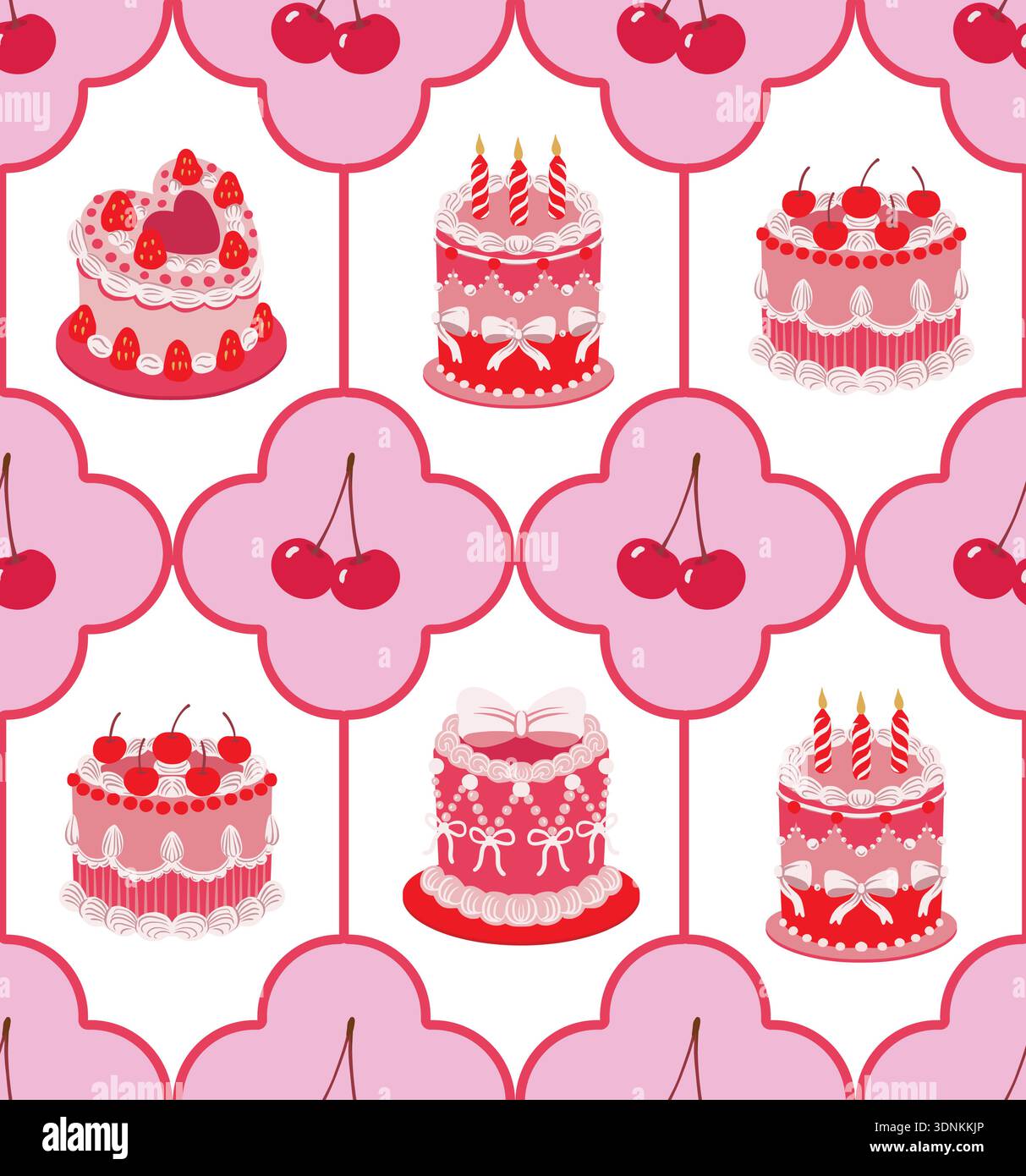 Seamless cake pattern with cherries hearts bow decorations isolated vector dessert illustration Stock Vector