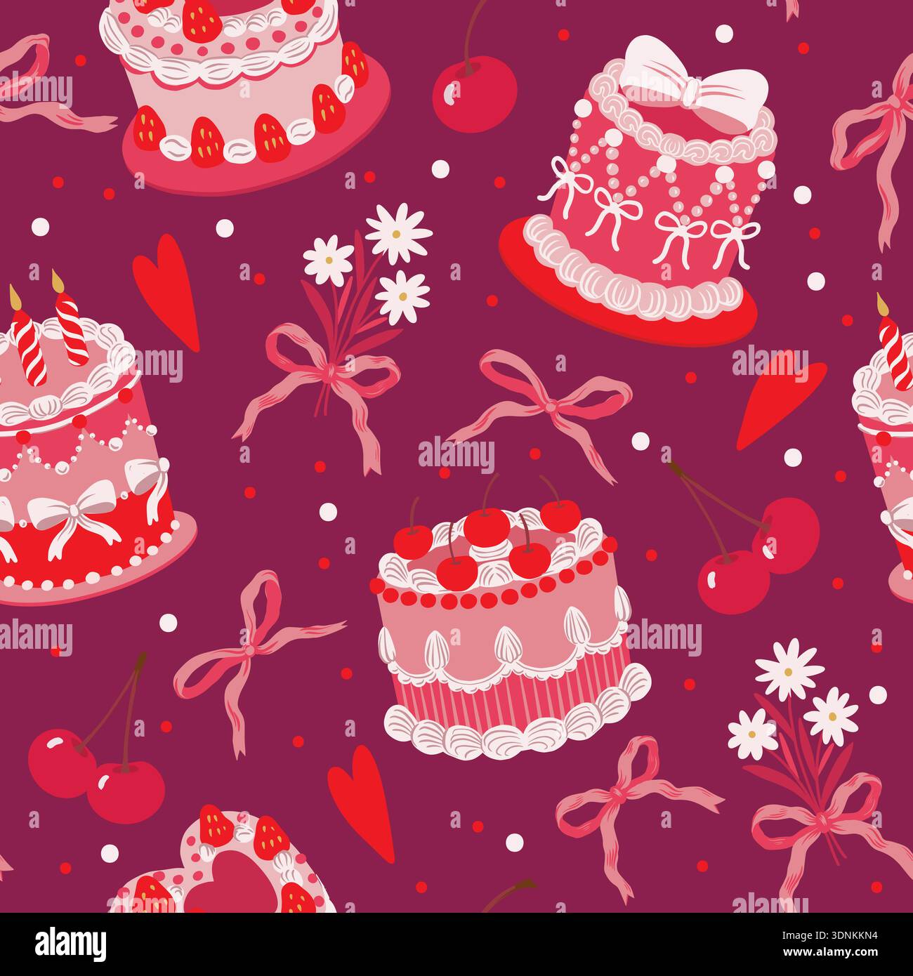 Seamless cake pattern with cherries hearts bow decorations isolated vector dessert illustration Stock Vector