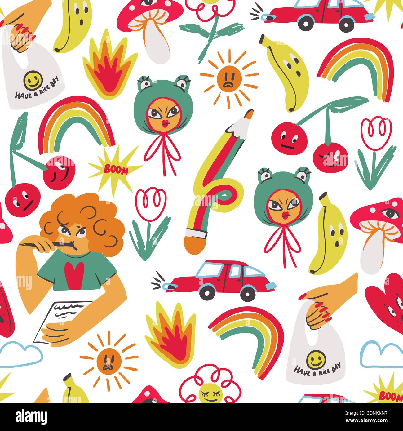 Colorful crazy doodle seamless pattern with funny characters objects symbols playful vector Stock Vector