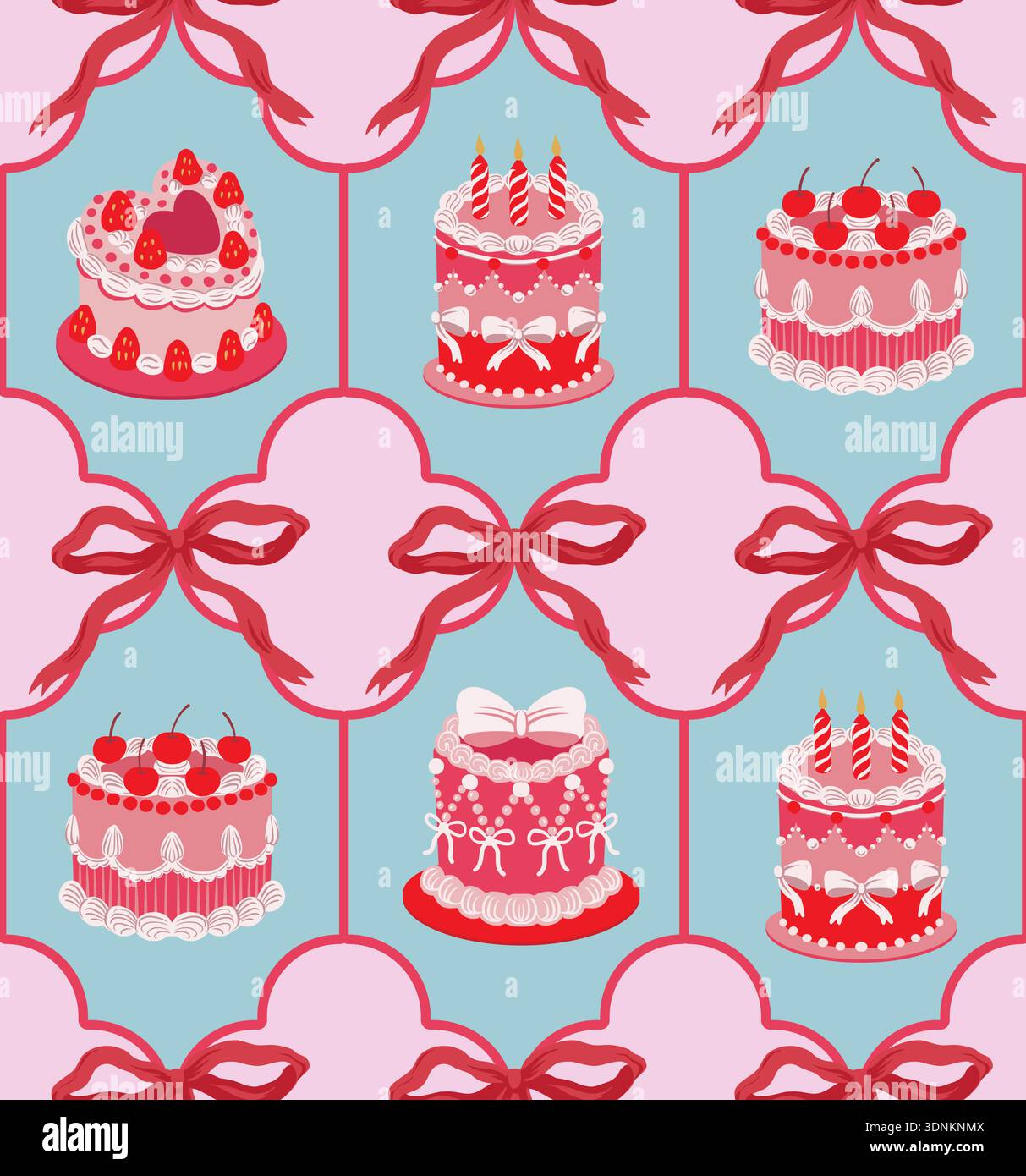 Seamless cake pattern with cherries hearts bow decorations isolated vector dessert illustration Stock Vector