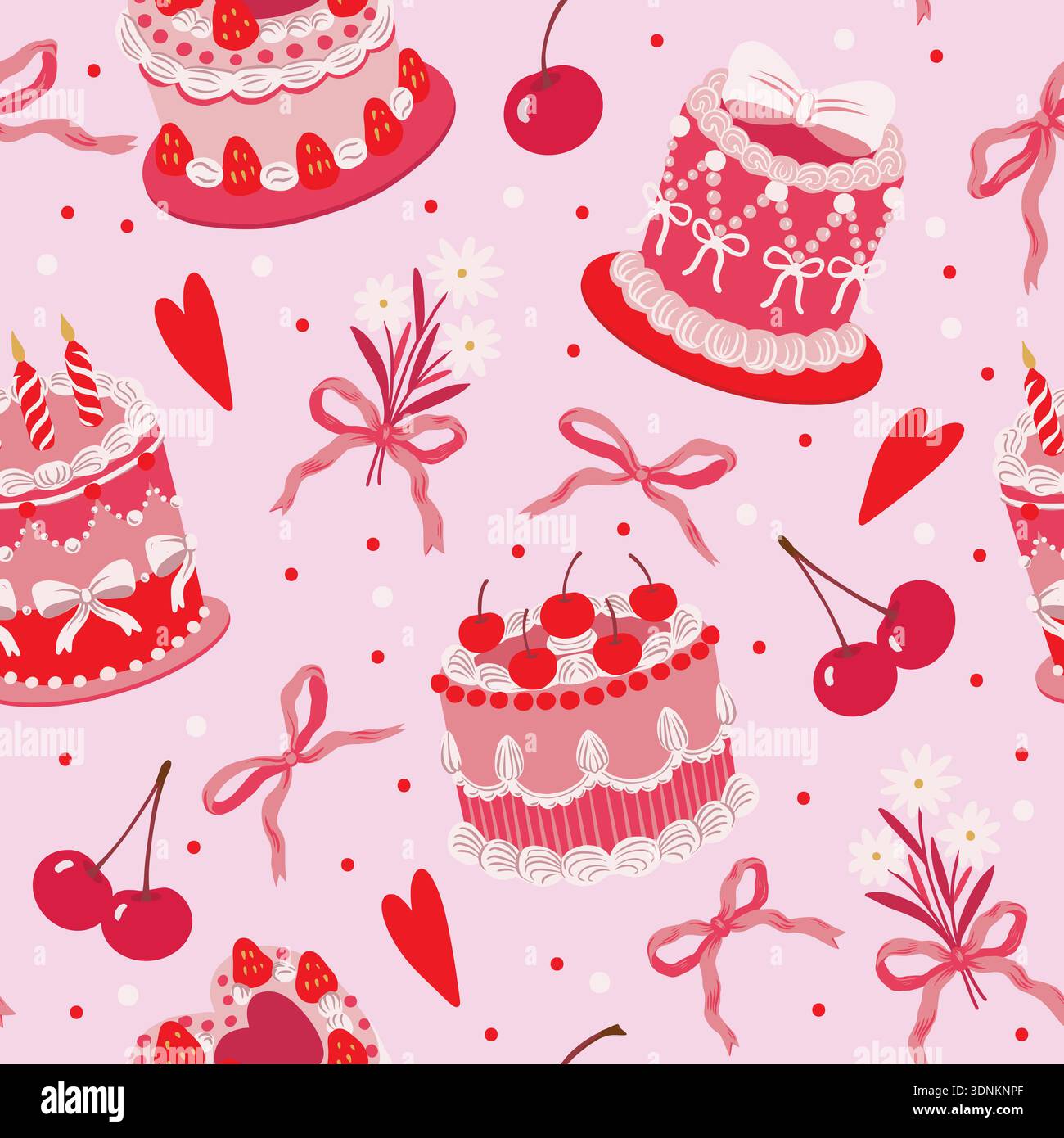 Seamless cake pattern with cherries hearts bow decorations isolated vector dessert illustration Stock Vector