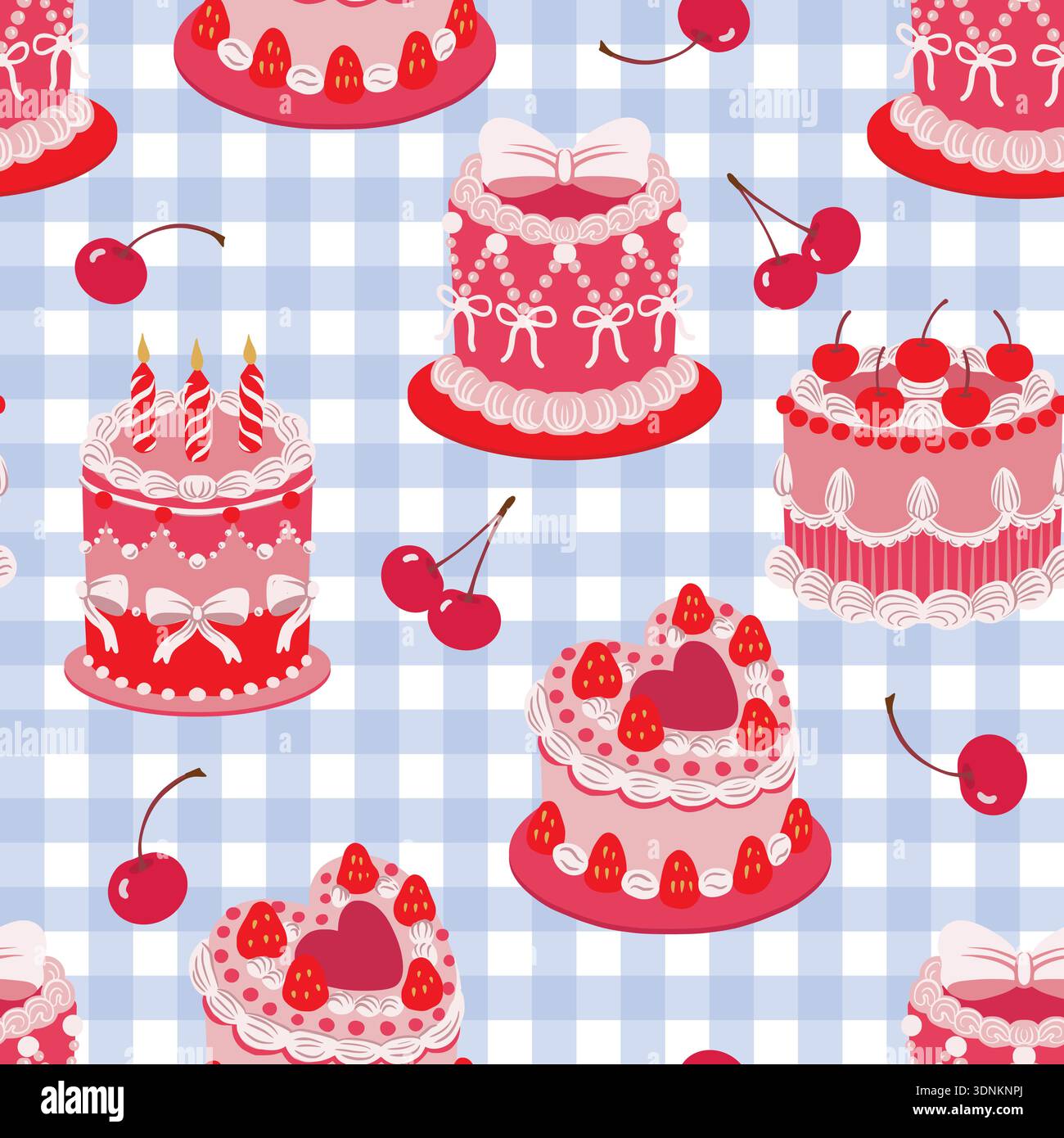 Seamless cake pattern with cherries hearts bow decorations isolated vector dessert illustration Stock Vector
