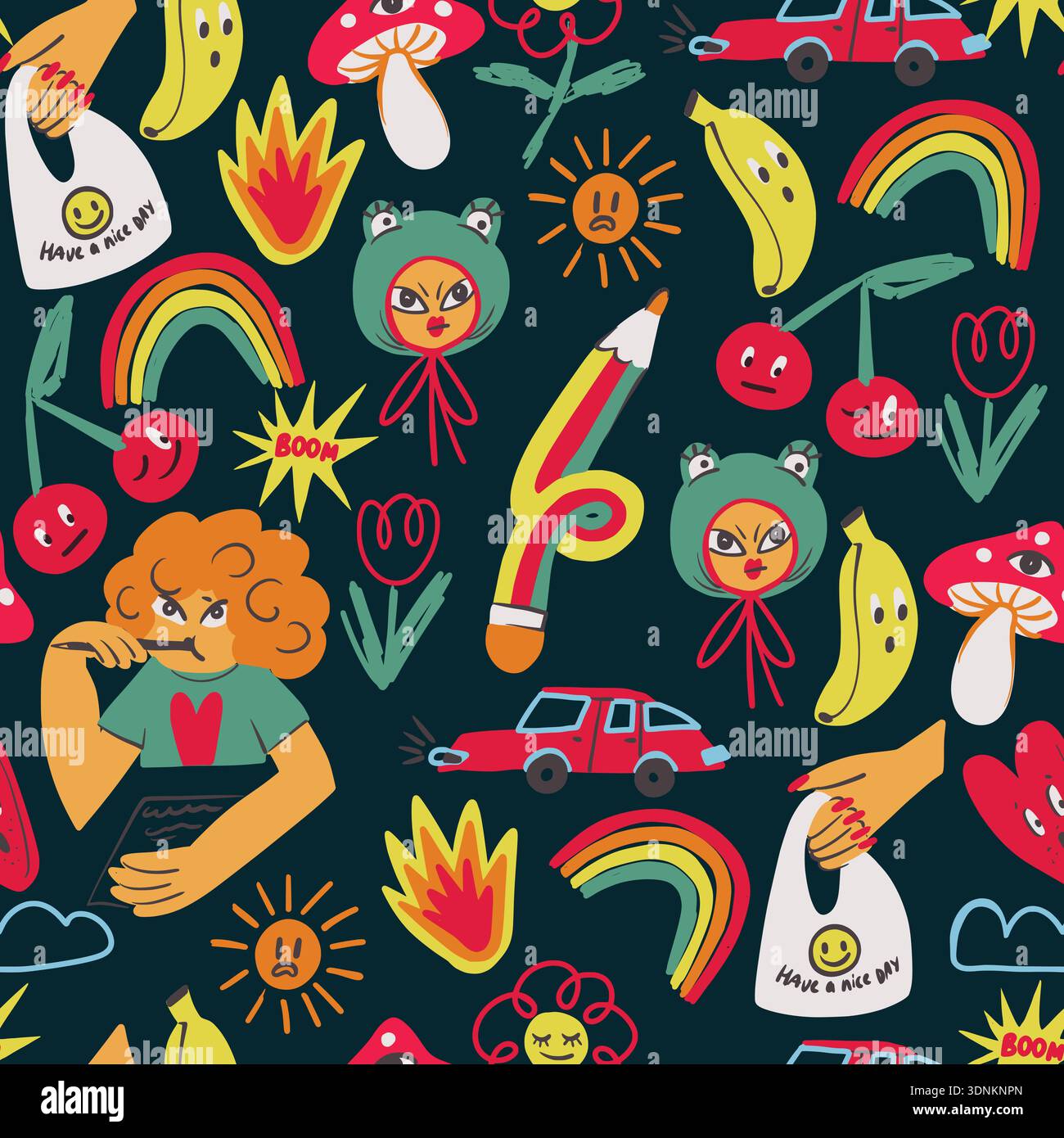 Colorful crazy doodle seamless pattern with funny characters objects symbols playful vector Stock Vector