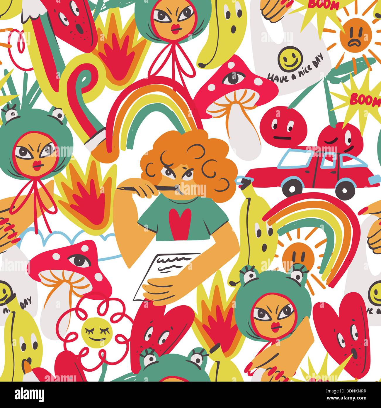 Colorful crazy doodle seamless pattern with funny characters objects symbols playful vector Stock Vector