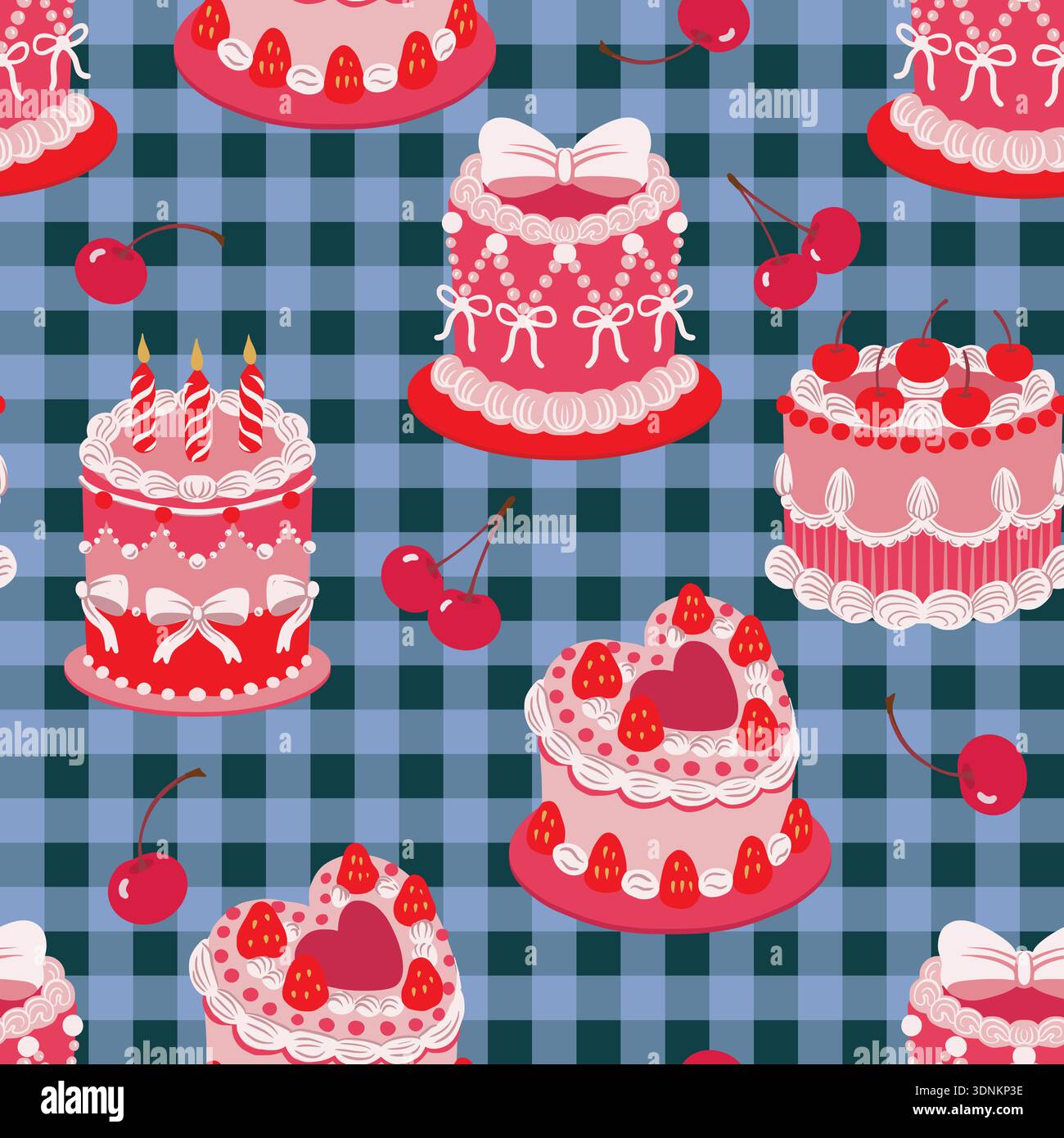 Seamless cake pattern with cherries hearts bow decorations isolated vector dessert illustration Stock Vector