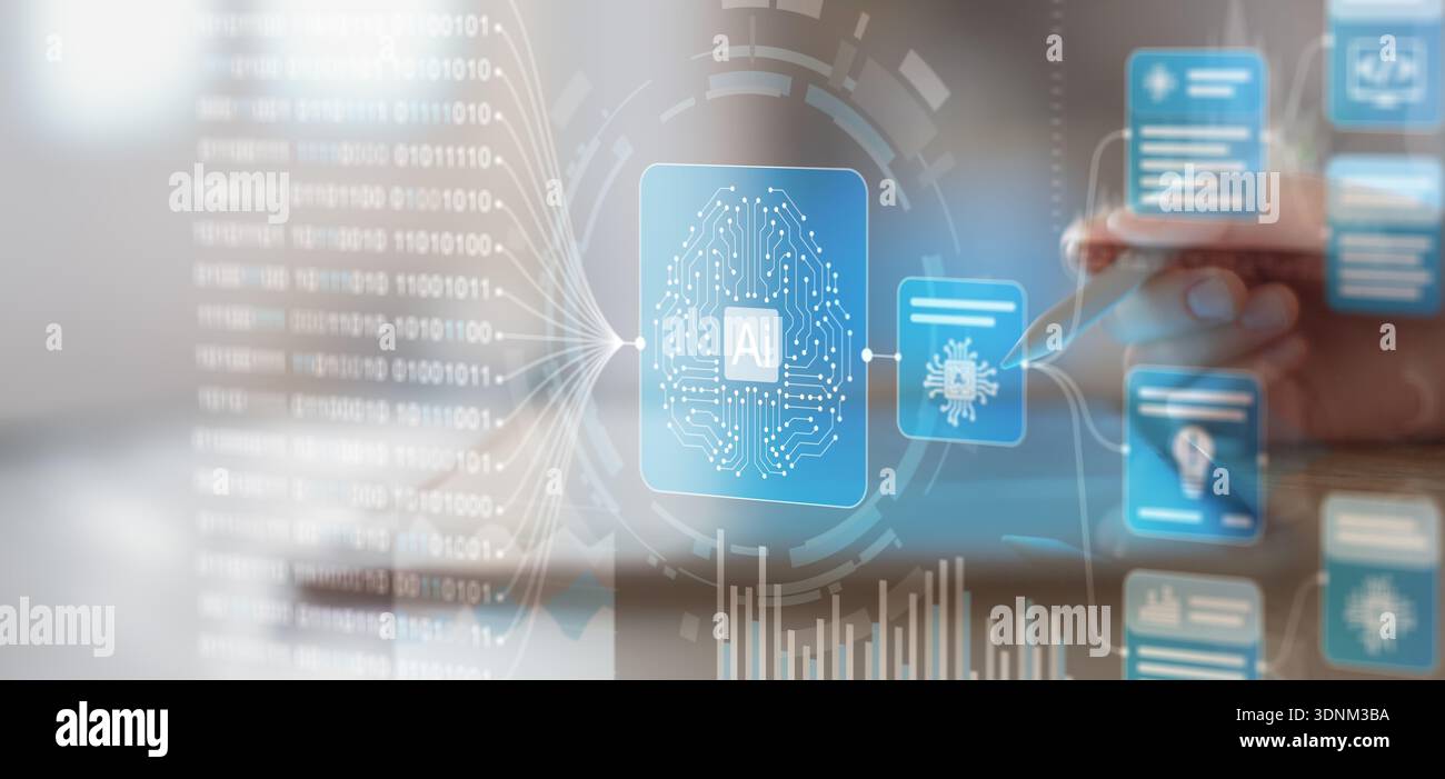 Artificial Intelligence and Data Processing Interaction on a Digital Touchscreen Interface. Stock Photo