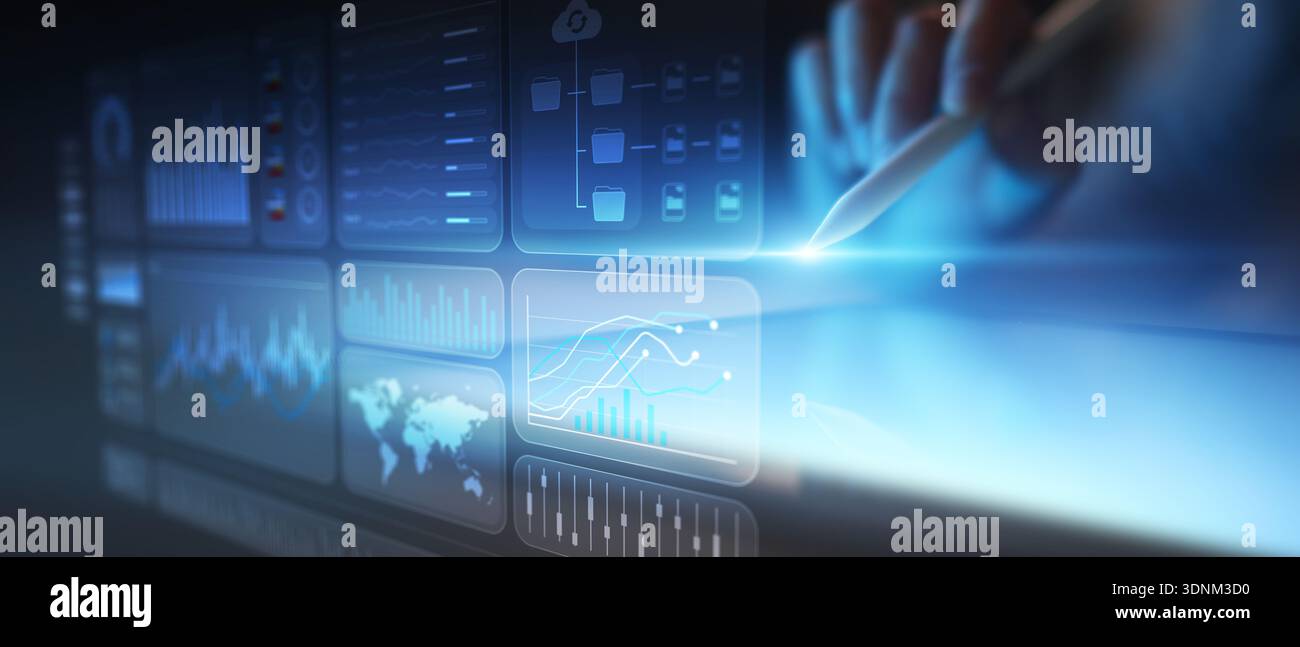 Interactive Digital Data Dashboard for Business Analytics and Smart Visualization on Tablet Screen. Stock Photo