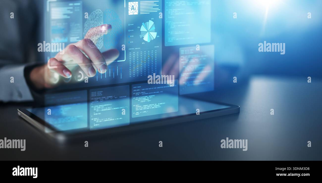 Artificial Intelligence and Data Analytics Dashboard with Neural Network Visualization. Stock Photo