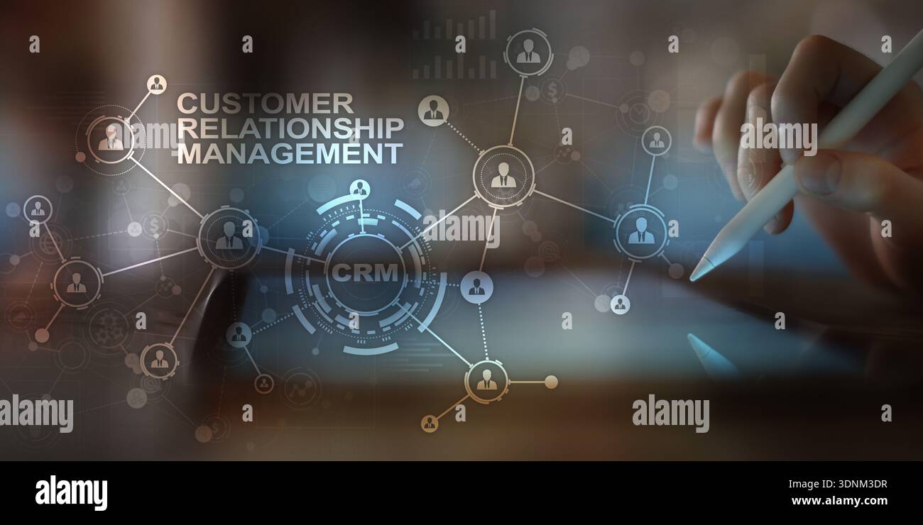 Customer Relationship Management System Visualization with Network Connections and Data Analytics. Stock Photo