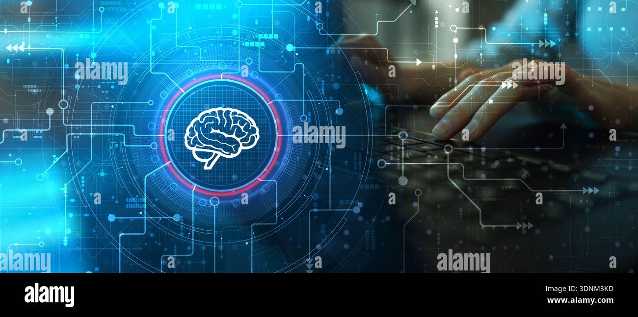 Artificial Intelligence Neural Network Interface with Digital Brain Visualization on Futuristic Screen. Stock Photo