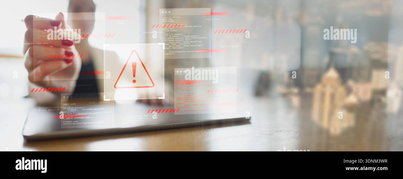 Cybersecurity Threat Alert with Digital Warning Interface. Stock Photo