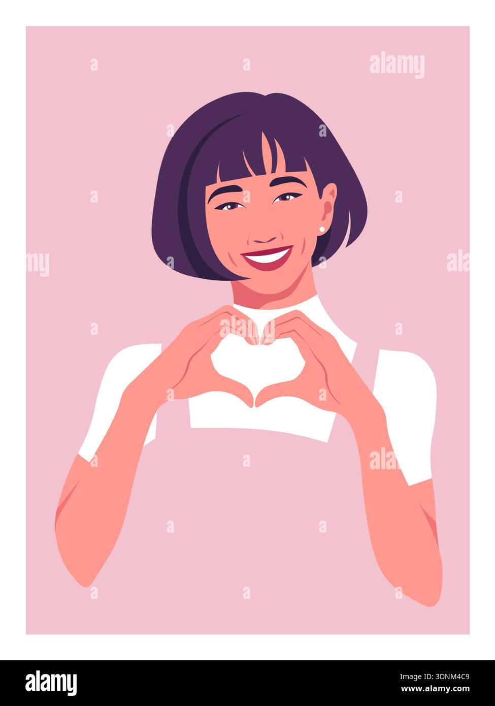 Young Asian woman making heart sign with hands, love gesture, Valentine’s Day postcard, vector flat illustration. Stock Vector