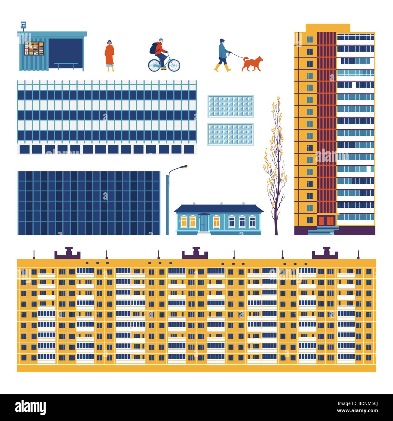 Urban elements of post-Soviet cities: blocks, architecture, everyday life. Stock Vector