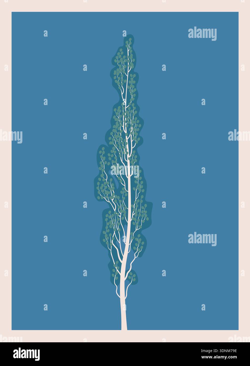 Summer pyramidal poplar tree silhouette on blue background, minimalist botanical vector for decor and posters. Stock Vector