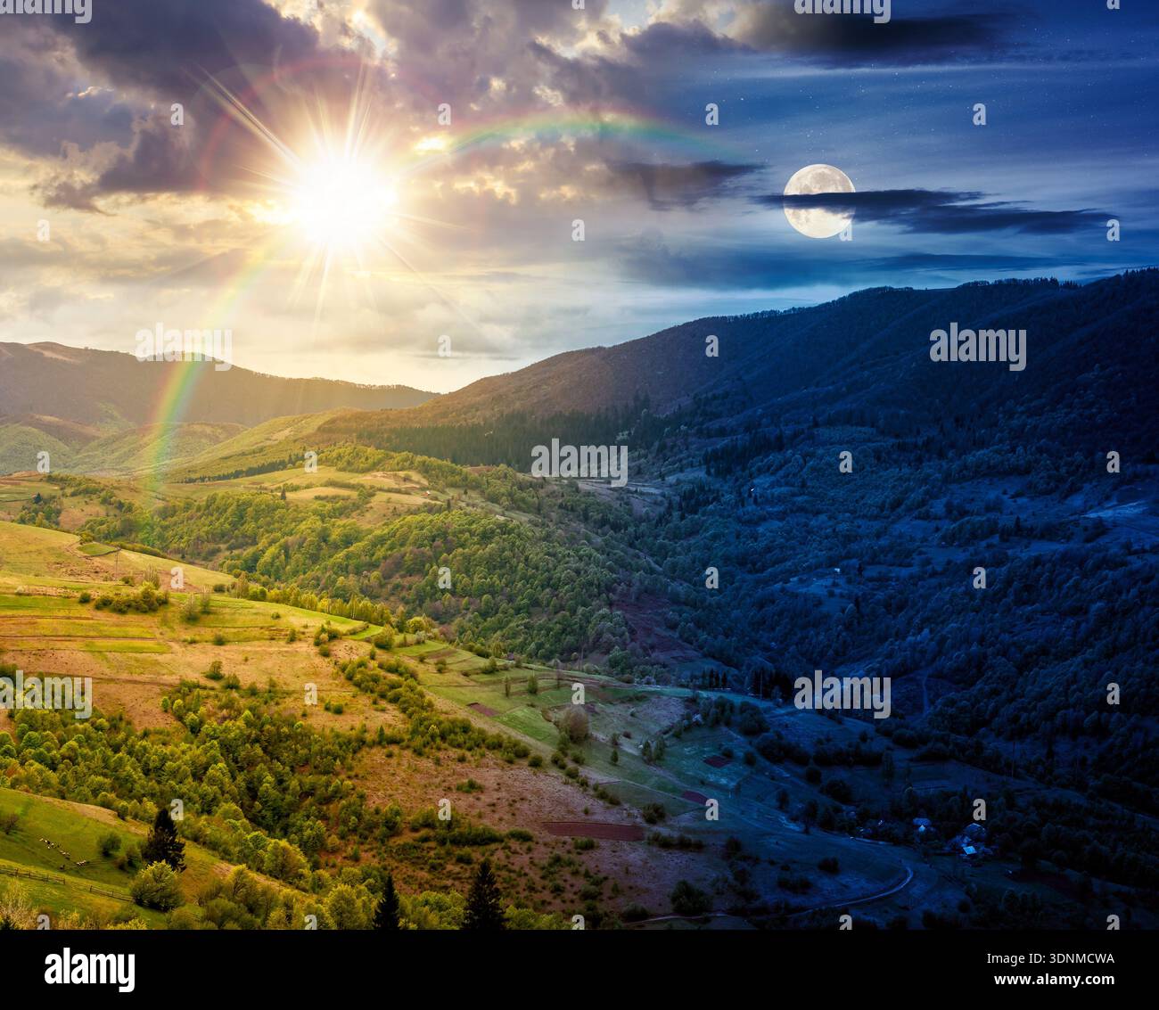 rural mountain landscape during spring. day and night time change concept. wonderful countryside scenery on a cold weather with sun and moon at twilig Stock Photo